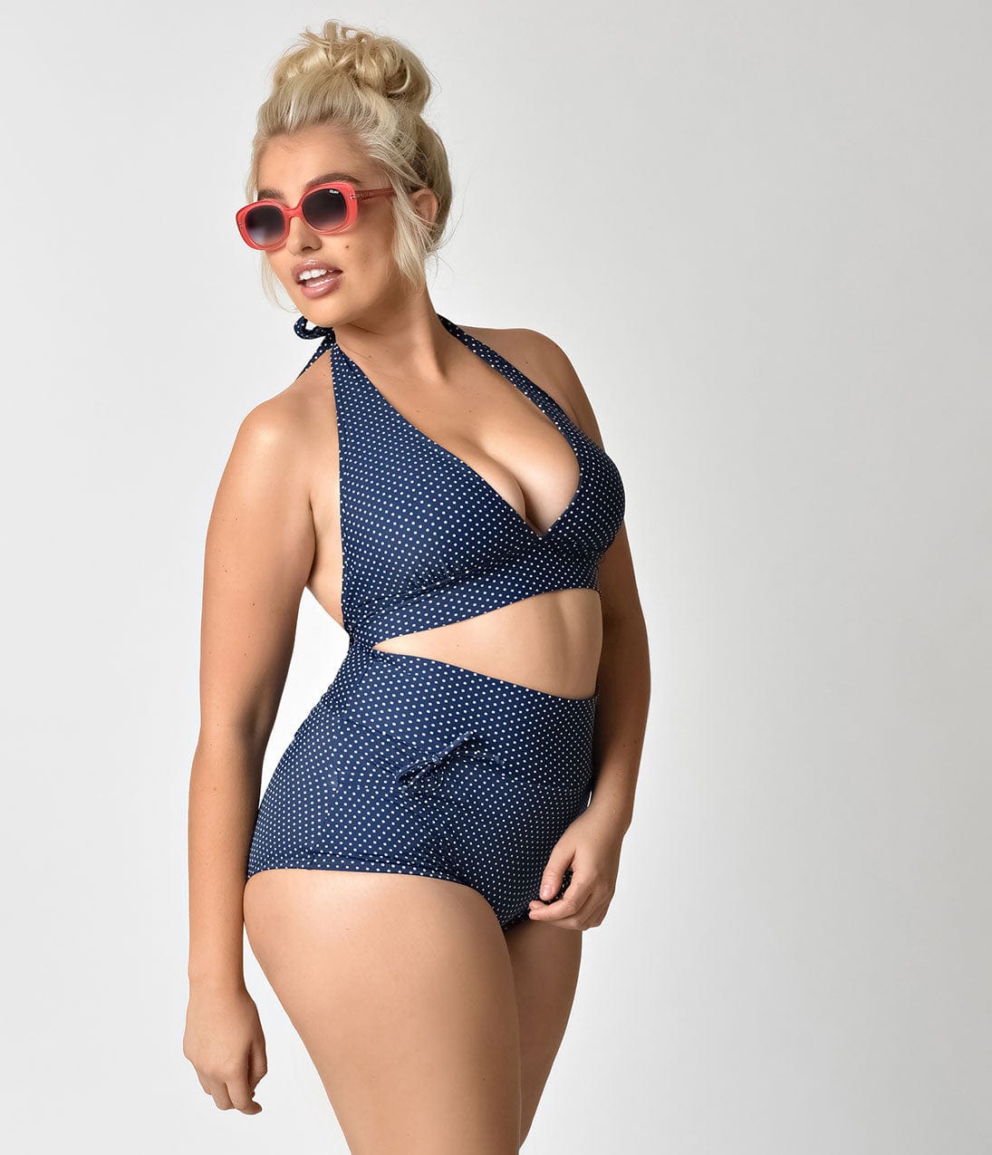 Unique Vintage Plus Size Navy & Ivory Pin Dot Gilda High Waist Swim Bottoms