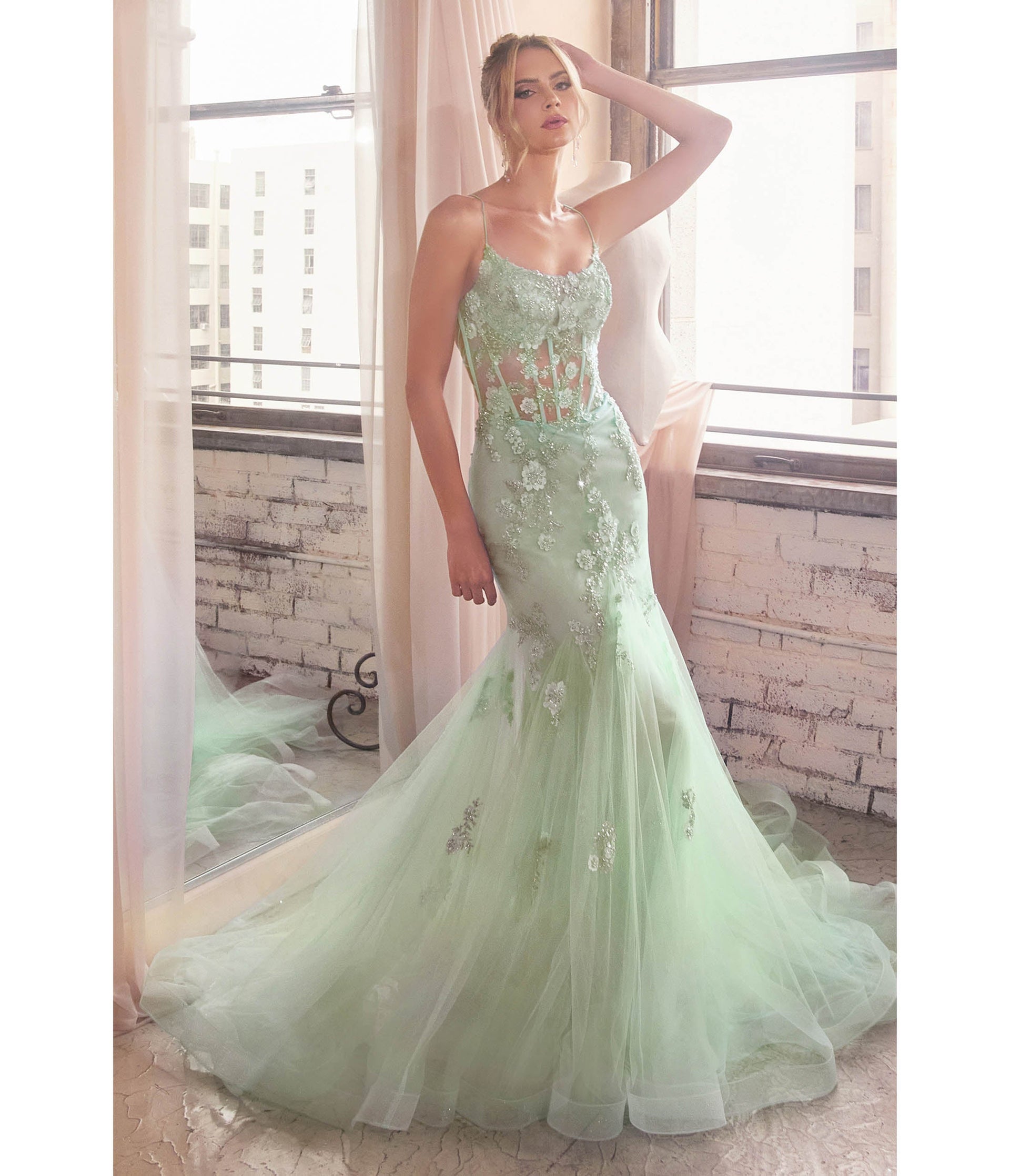 Sage Floral & Beaded Corset Mermaid Gown - Unique Vintage - Womens, DRESSES, PROM AND SPECIAL OCCASION