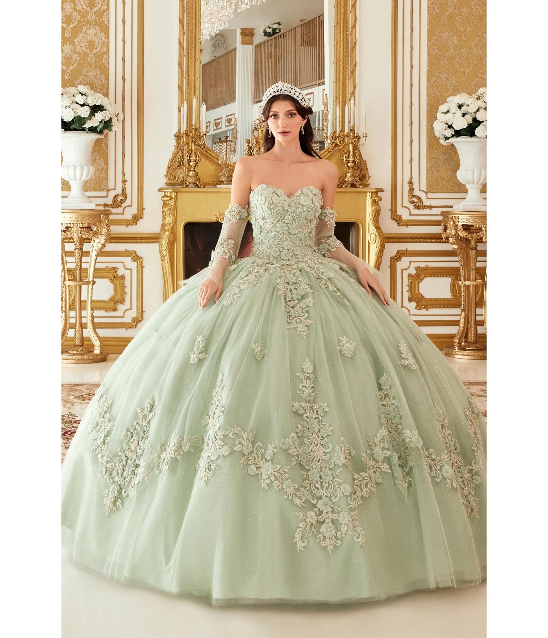 Sage Floral Tulle Princess Ball Gown - Unique Vintage - Womens, DRESSES, PROM AND SPECIAL OCCASION