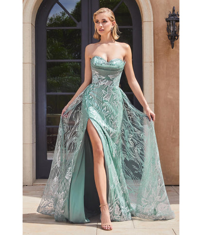 Sage Glitter Printed Strapless Mermaid Evening Gown - Unique Vintage - Womens, DRESSES, PROM AND SPECIAL OCCASION