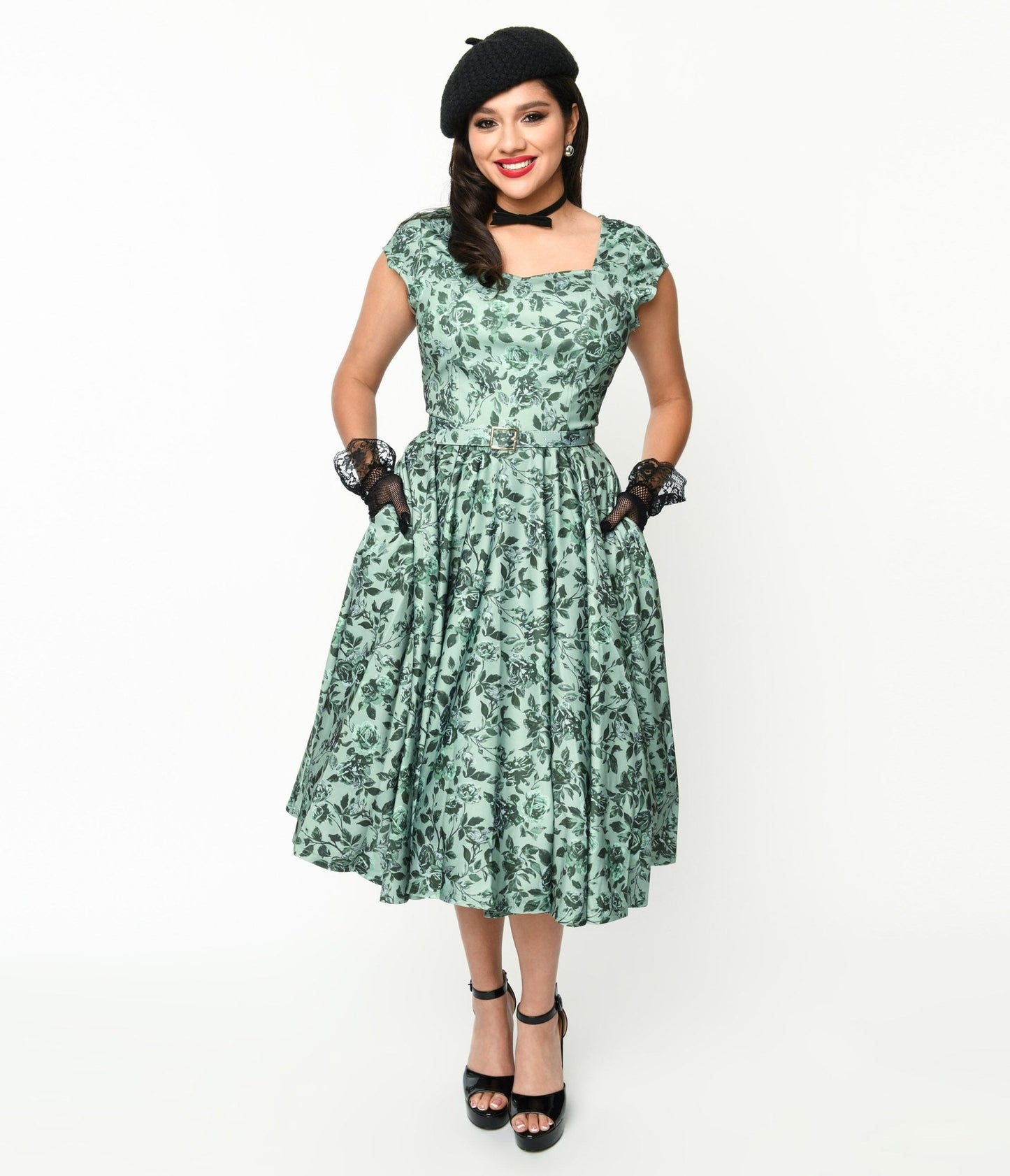 Sage Green & Green Floral Cosmopolitan Swing Dress - Unique Vintage - Womens, DRESSES, SWING