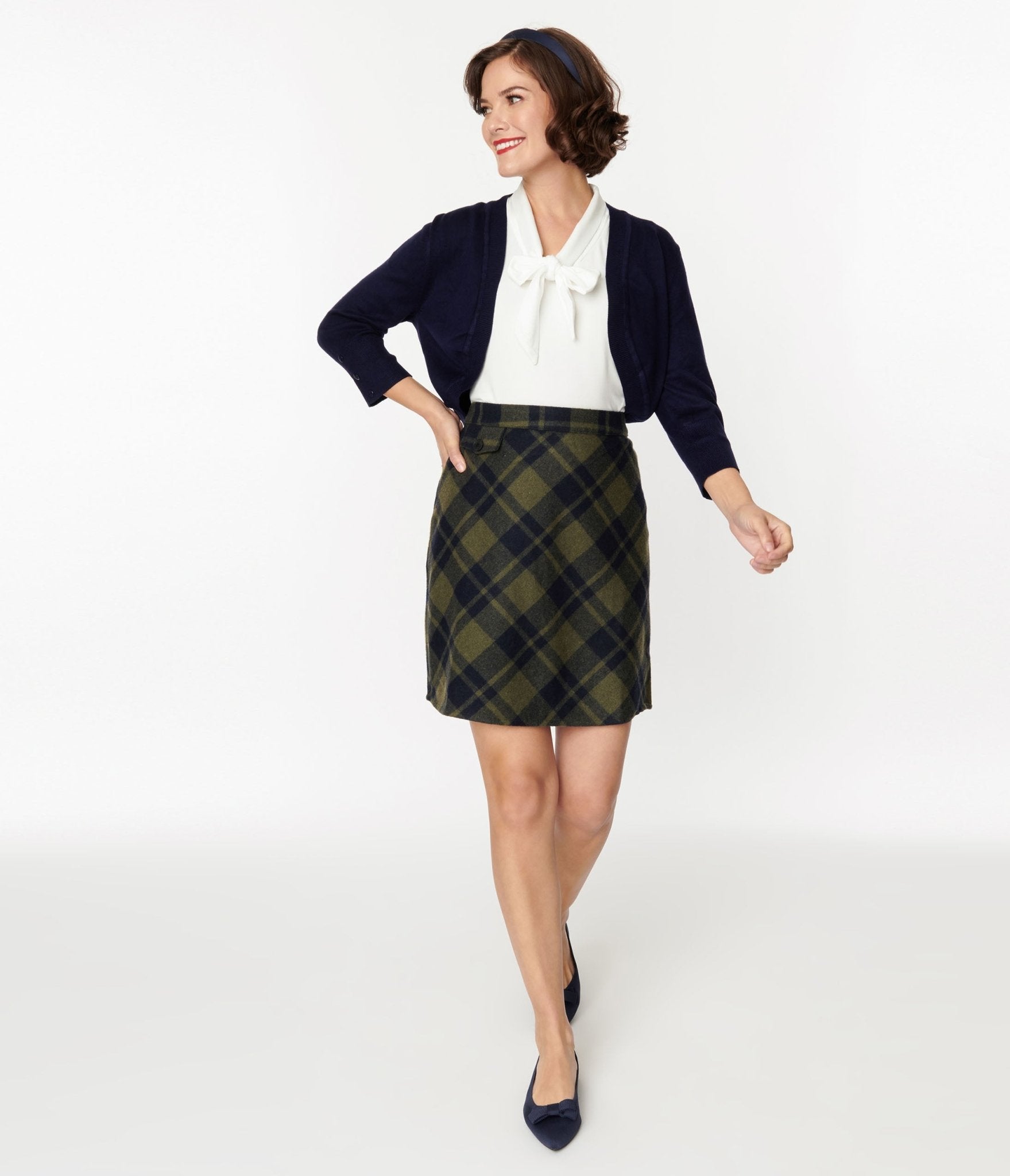 Sage Green & Navy Plaid Mini Skirt - Unique Vintage - Womens, BOTTOMS, SKIRTS