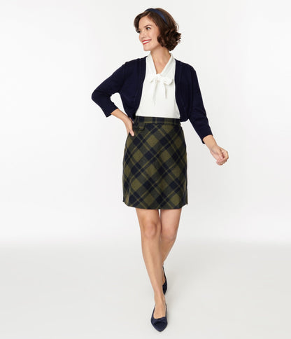 Sage Green & Navy Plaid Mini Skirt - Unique Vintage - Womens, BOTTOMS, SKIRTS