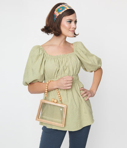 Sage Green Textured Babydoll Blouse - Unique Vintage - Womens, TOPS, WOVEN TOPS
