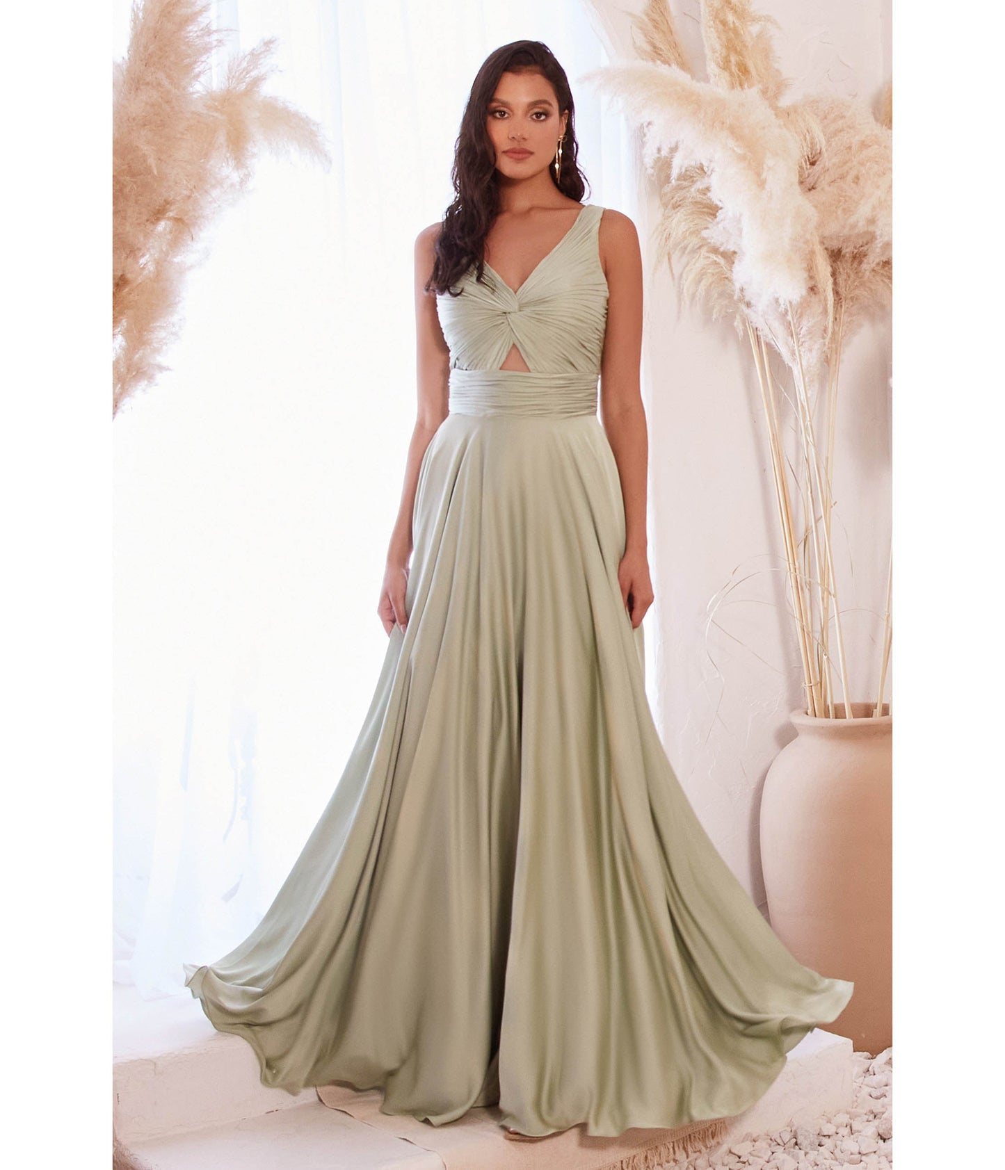 Sage Satin Ruched Knotted Keyhole Evening Gown - Unique Vintage - Womens, DRESSES, PROM AND SPECIAL OCCASION