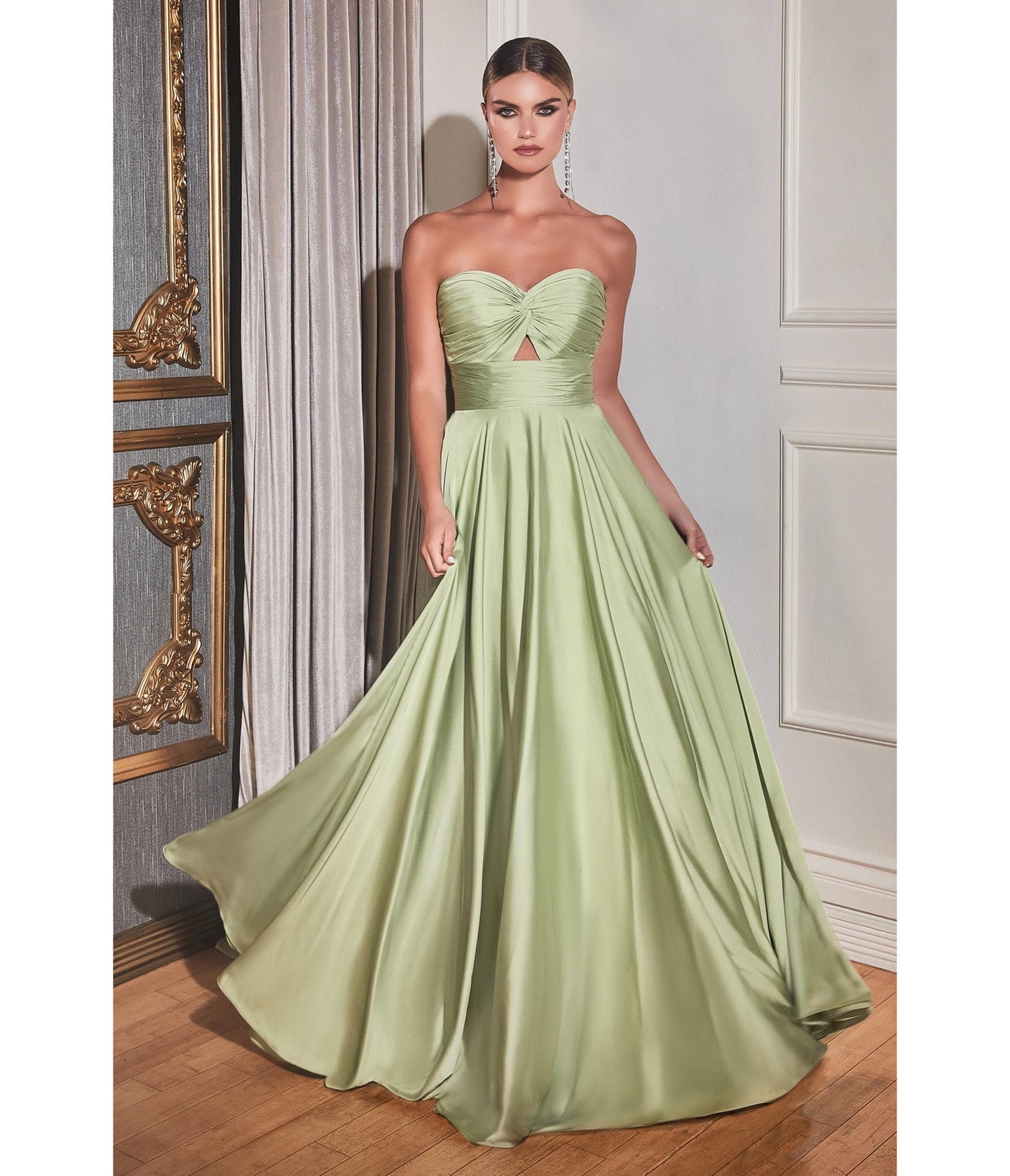 Sage Satin Strapless Keyhole Evening Gown - Unique Vintage - Womens, DRESSES, PROM AND SPECIAL OCCASION