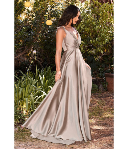 Sand Flowy Satin A-Line Bridesmaid Gown - Unique Vintage - Womens, DRESSES, PROM AND SPECIAL OCCASION