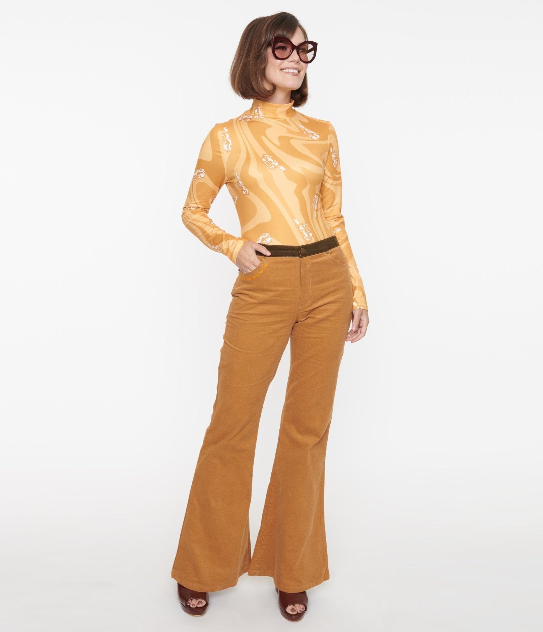 As-is Adorable 1970s Corduroy Flare Pants With Denim Knee Patches