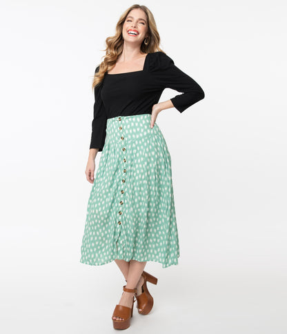 Seafoam Green & White Brushed Print Midi Skirt - Unique Vintage - Womens, BOTTOMS, SKIRTS