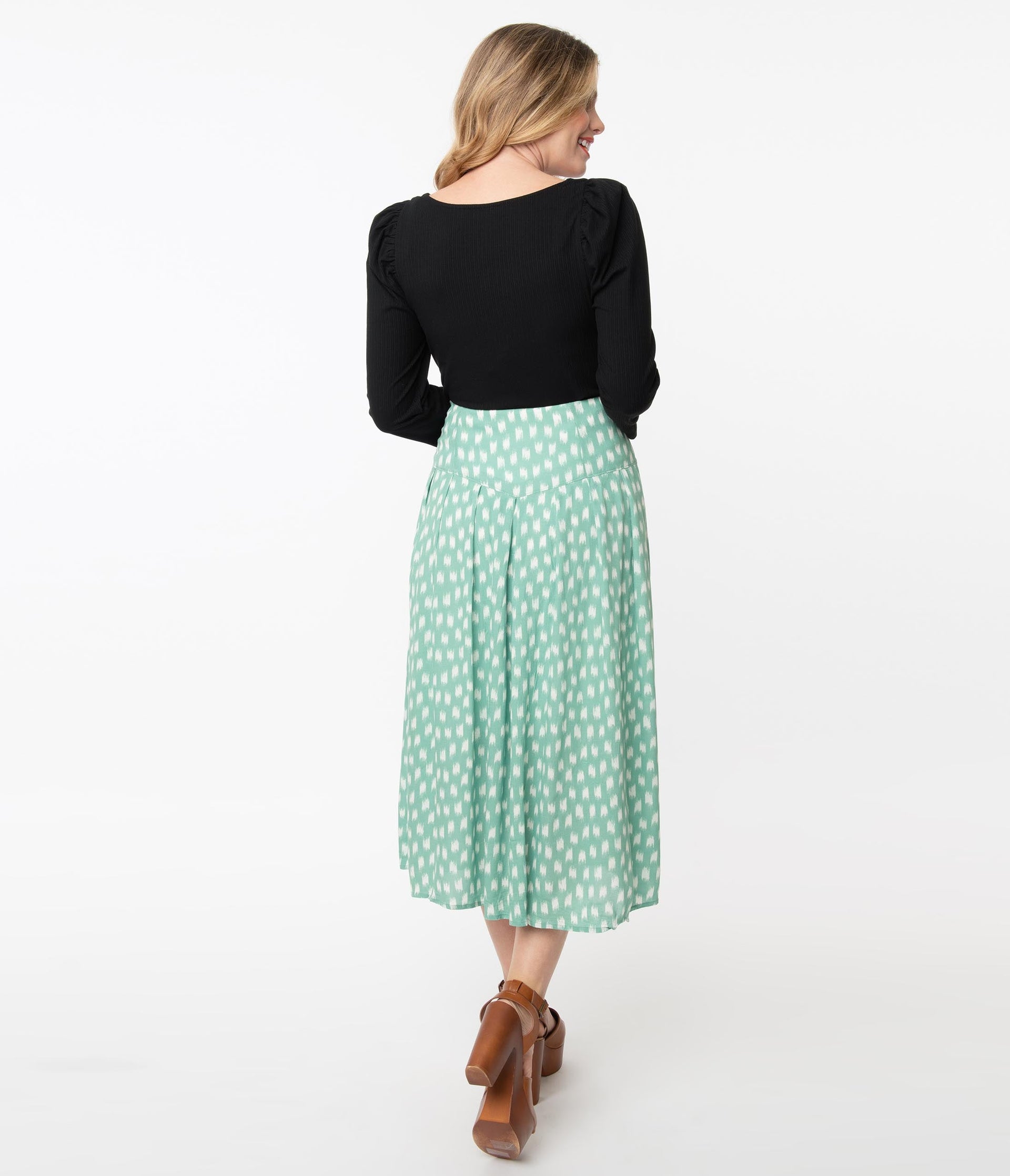 Seafoam Green & White Brushed Print Midi Skirt - Unique Vintage - Womens, BOTTOMS, SKIRTS