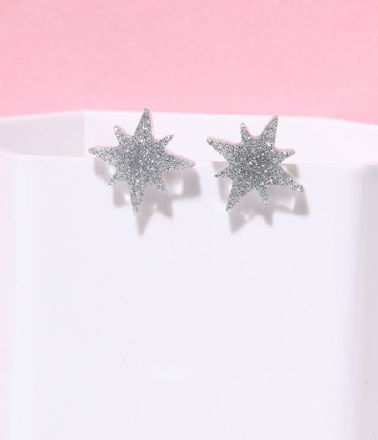 Silver Glitter Atomic Star Stud Earrings - Unique Vintage - Womens, ACCESSORIES, JEWELRY
