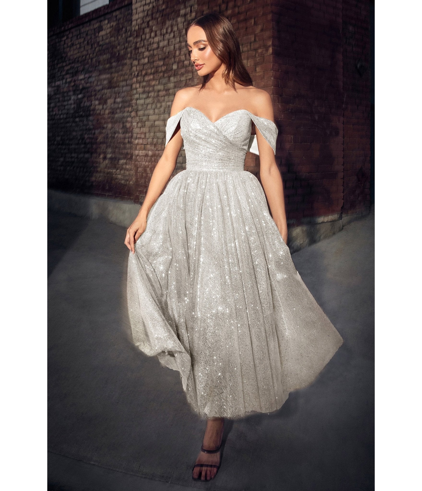 Silver Glitter Off The Shoulder Tea Length Gown - Unique Vintage - Womens, DRESSES, PROM AND SPECIAL OCCASION