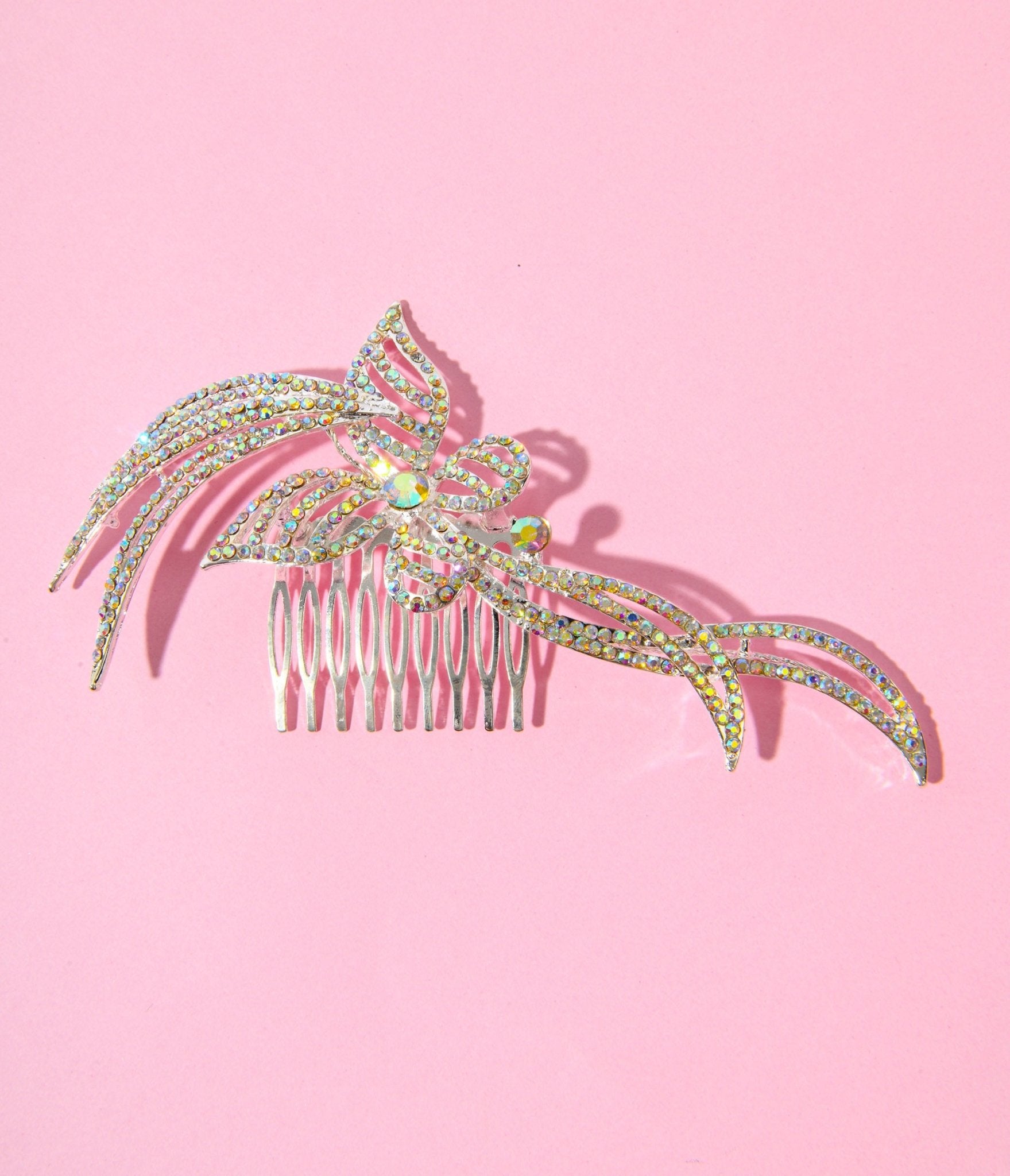 Silver & Rainbow Rhinestone Butterfly Tiara Hair Comb - Unique Vintage - Womens, ACCESSORIES, FLAPPER