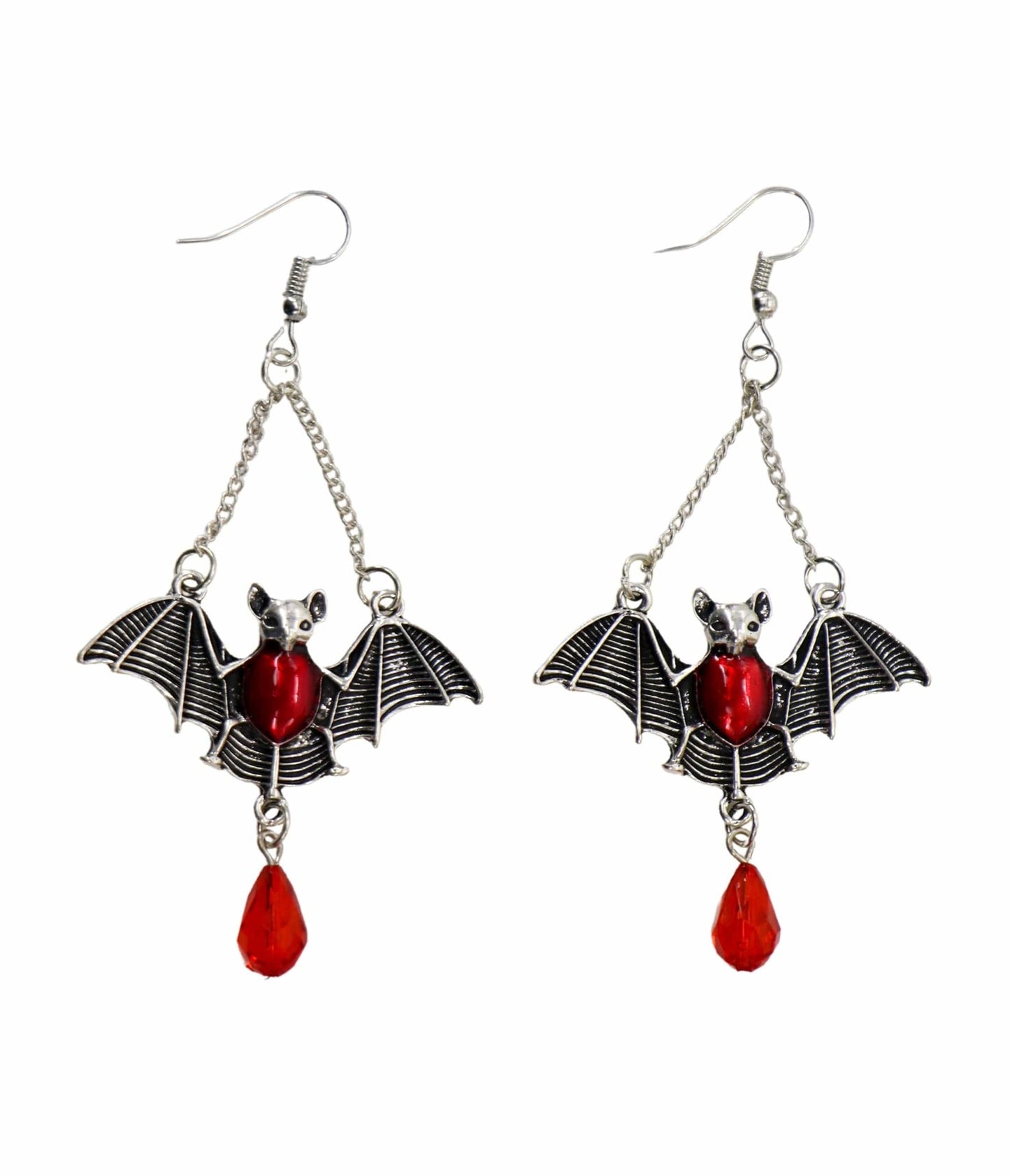 Silver & Red Gem Bat Dangle Earrings - Unique Vintage - Womens, ACCESSORIES, JEWELRY