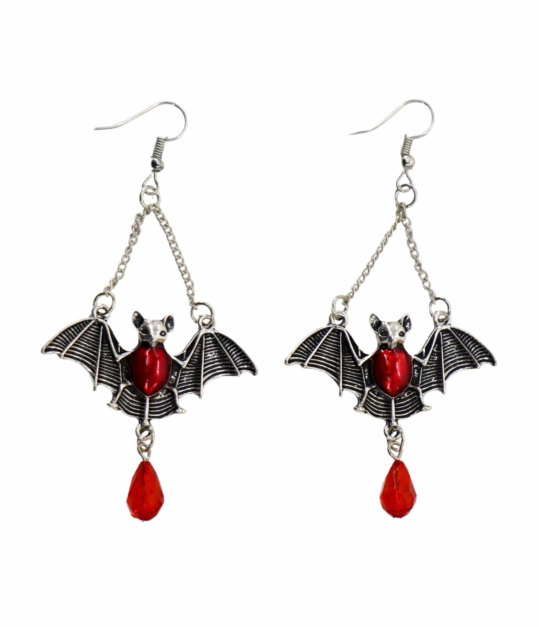 Silver & Red Gem Bat Dangle Earrings - Unique Vintage - Womens, ACCESSORIES, JEWELRY
