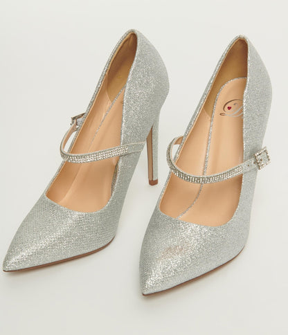 Silver Sparkle Pointed Toe Rhinestone Heels - Unique Vintage - Womens, SHOES, HEELS