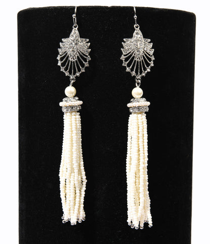 Silver & White Beaded Deco Tassel Dangle Earrings - Unique Vintage - Womens, ACCESSORIES, FLAPPER