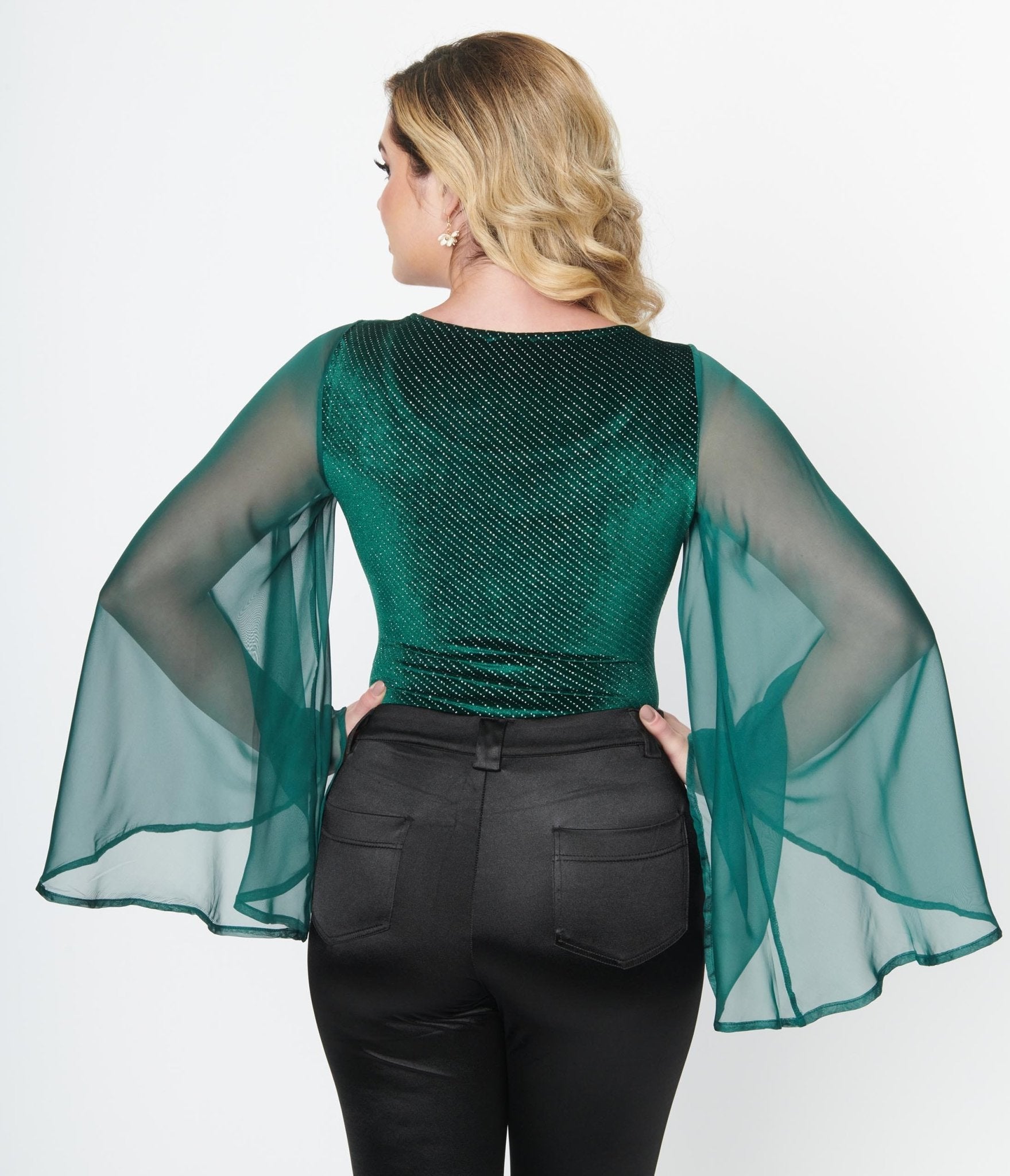 Smak Parlor Emerald Velvet Bell Sleeve Bodysuit - Unique Vintage - Womens, TOPS, BODYSUITS