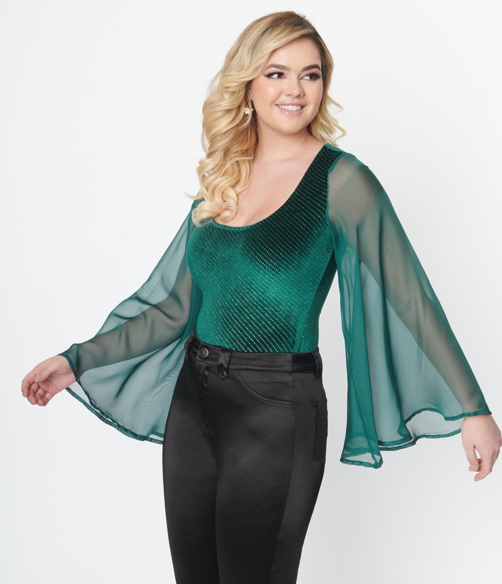 Smak Parlor Emerald Velvet Bell Sleeve Bodysuit - Unique Vintage - Womens, TOPS, BODYSUITS