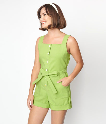 Smak Parlor Green Daisy Waist Tied Romper - Unique Vintage - Womens, BOTTOMS, ROMPERS AND JUMPSUITS