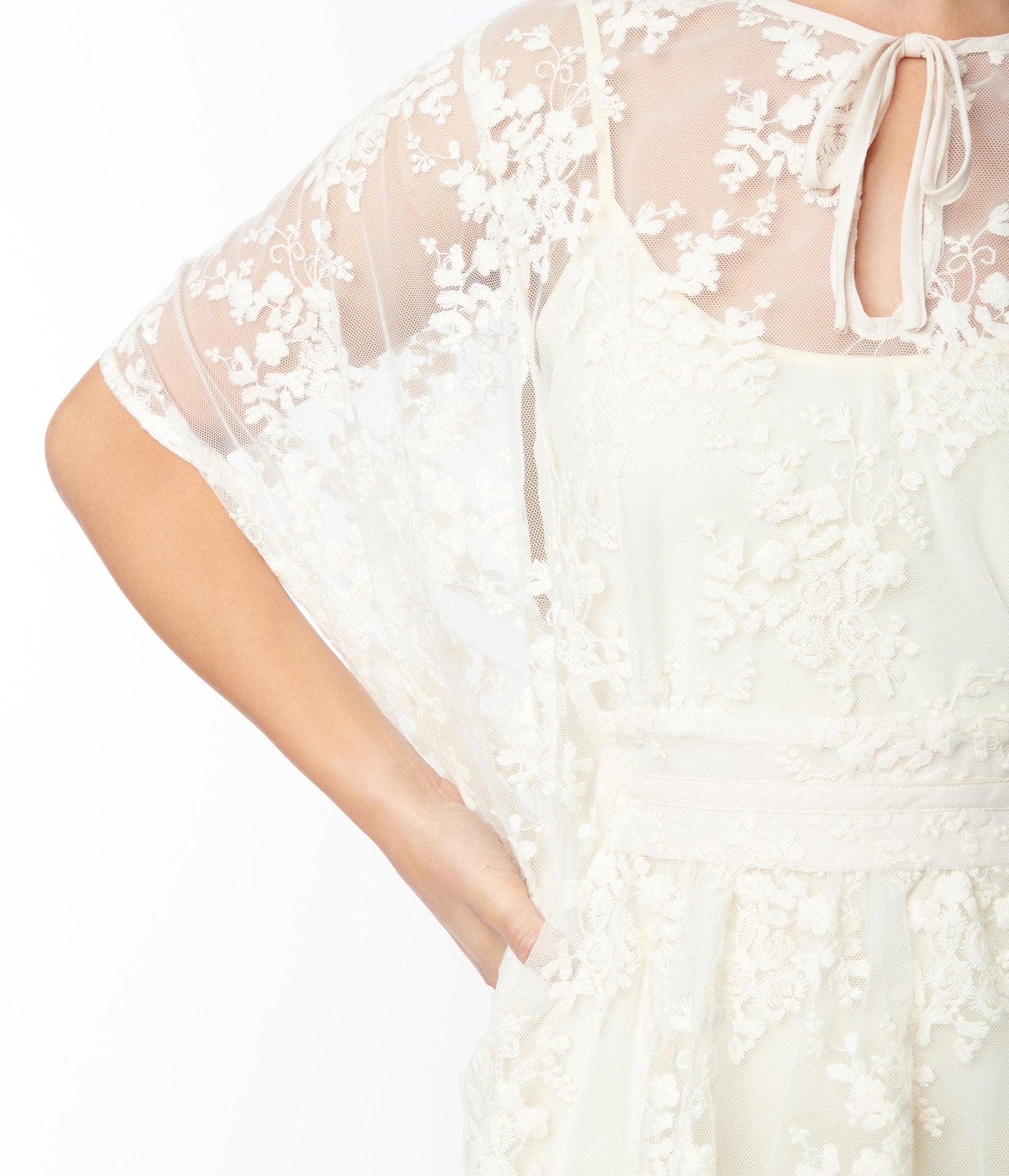 Smak Parlor Ivory Embroidered Lace Mini Caftan - Unique Vintage - Womens, DRESSES, CAFTAN