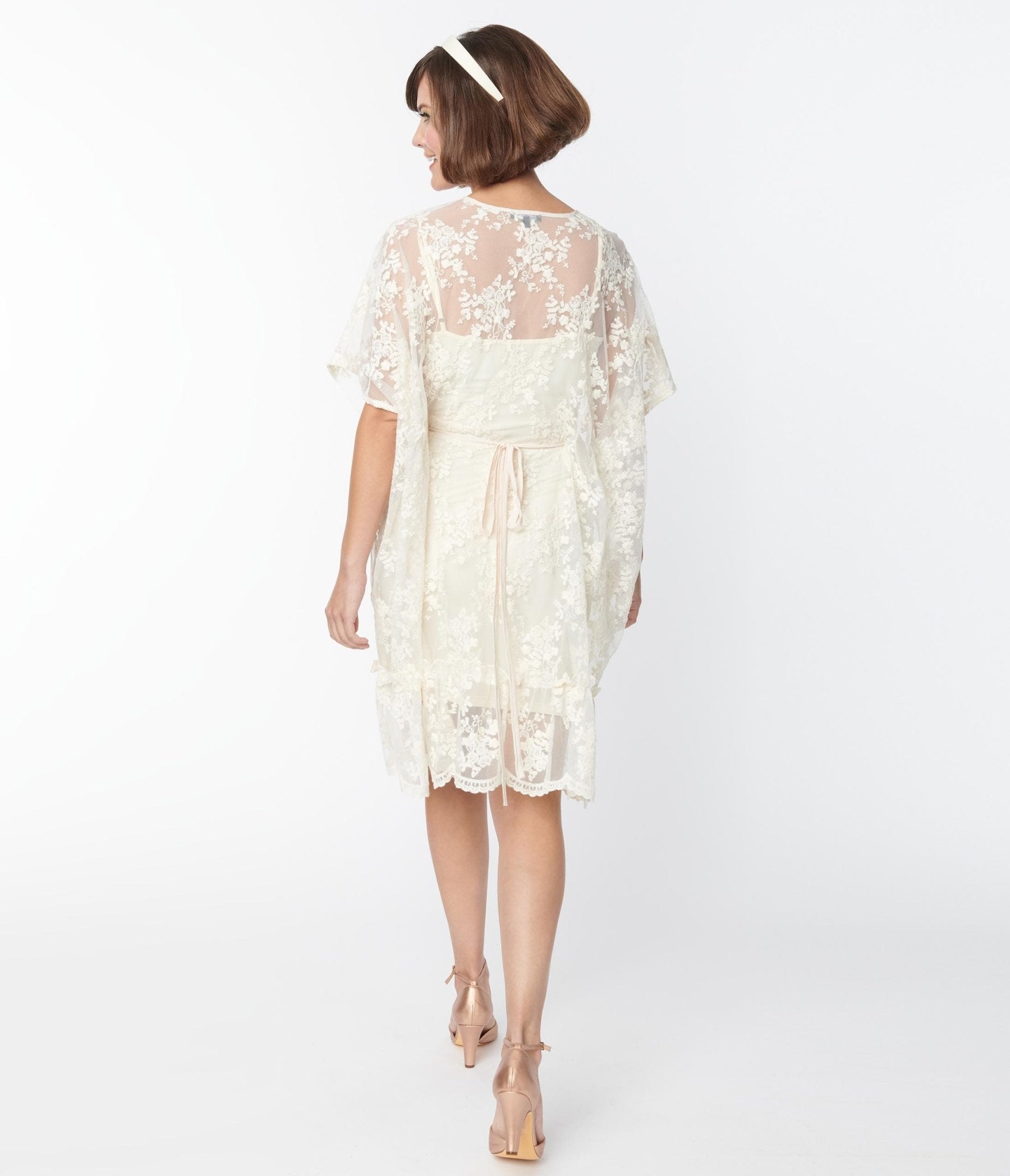 Smak Parlor Ivory Embroidered Lace Mini Caftan - Unique Vintage - Womens, DRESSES, CAFTAN