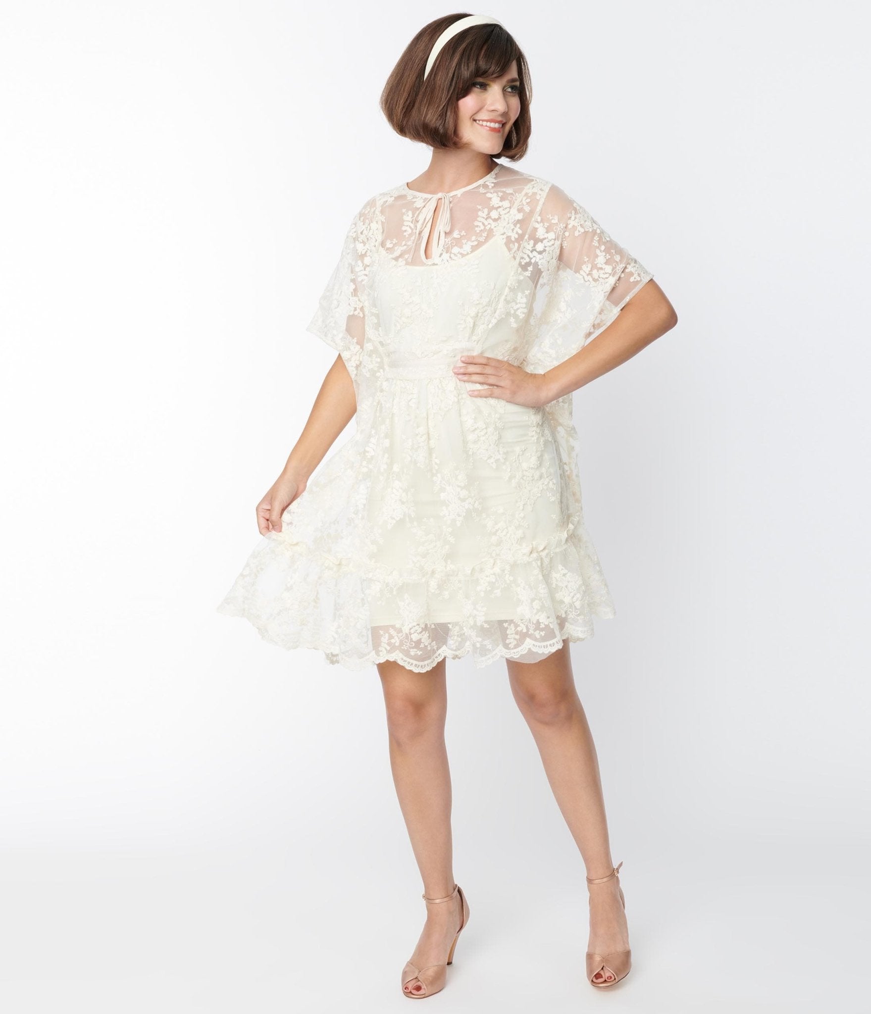 Smak Parlor Ivory Embroidered Lace Mini Caftan - Unique Vintage - Womens, DRESSES, CAFTAN