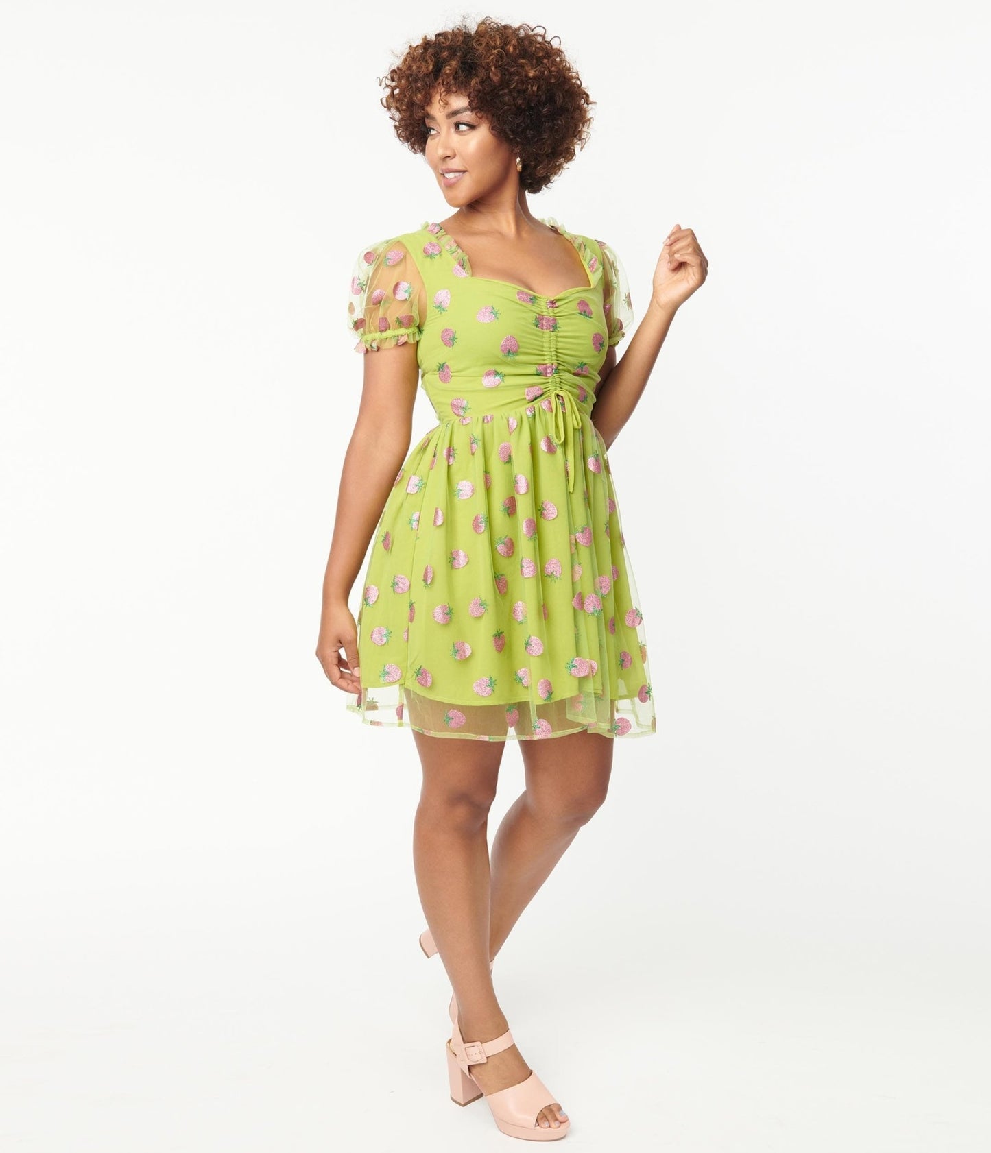 Smak Parlour Avocado & Pink Strawberry Print Woodstock Flare Dress - Unique Vintage - Womens, DRESSES, FIT AND FLARE