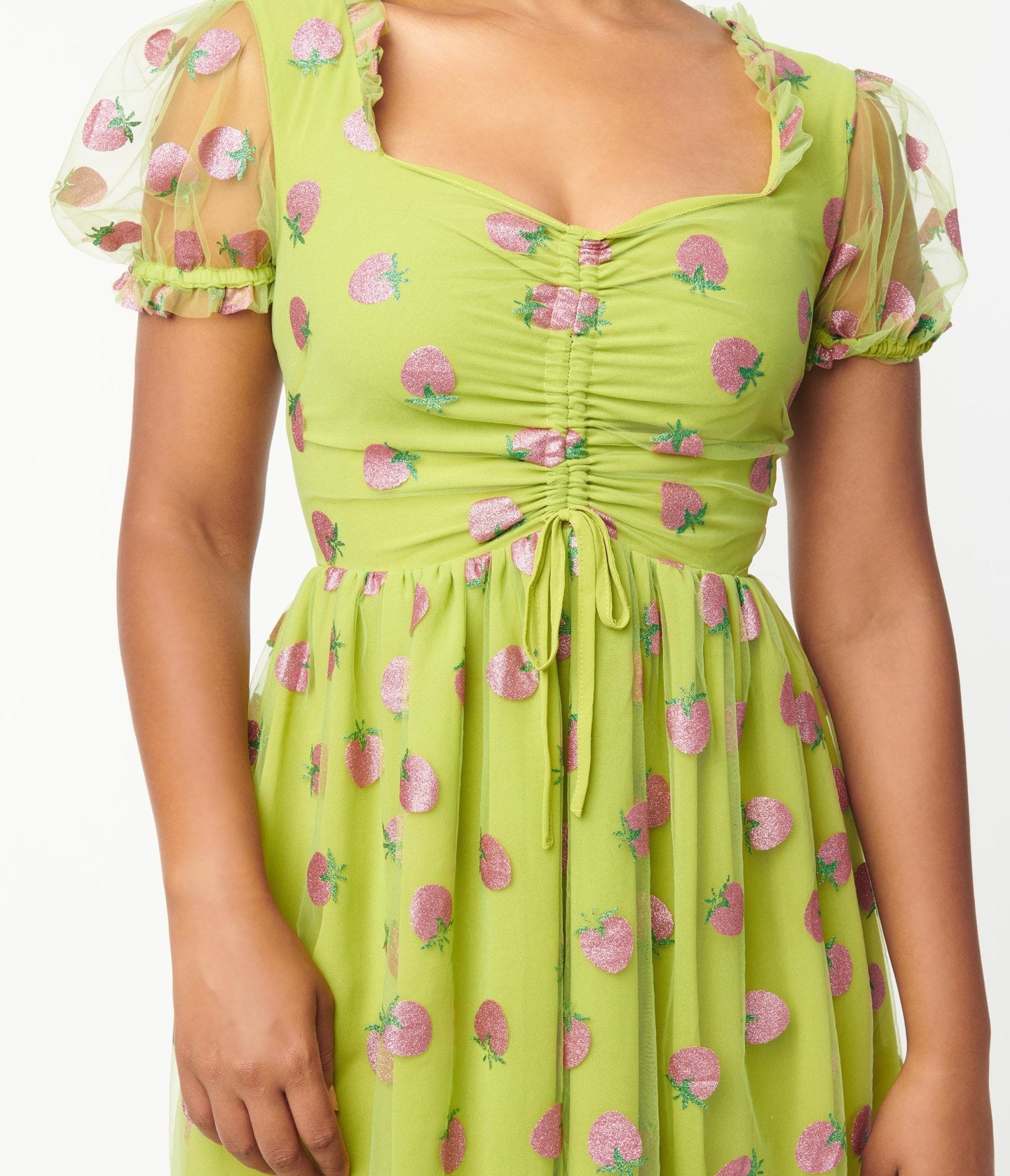 Smak Parlour Avocado & Pink Strawberry Print Woodstock Flare Dress - Unique Vintage - Womens, DRESSES, FIT AND FLARE