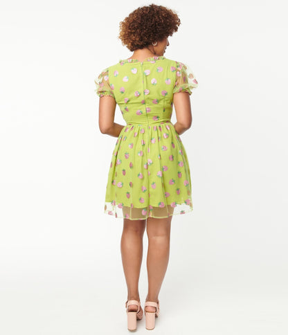 Smak Parlour Avocado & Pink Strawberry Print Woodstock Flare Dress - Unique Vintage - Womens, DRESSES, FIT AND FLARE