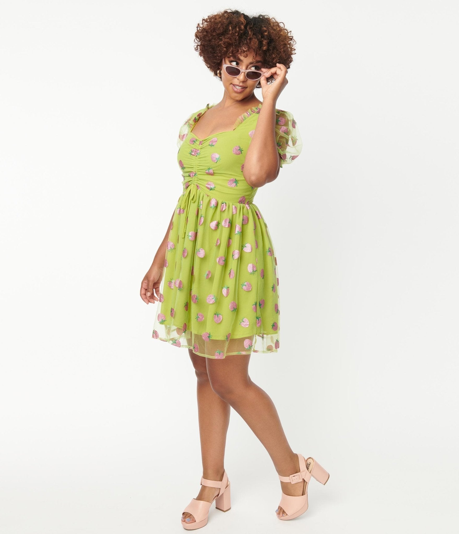 Smak Parlour Avocado & Pink Strawberry Print Woodstock Flare Dress - Unique Vintage - Womens, DRESSES, FIT AND FLARE