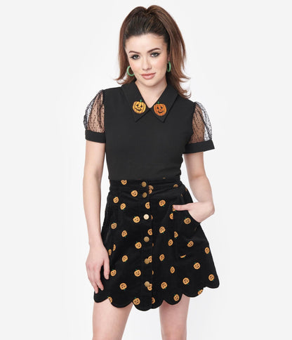 Smak Parlour Black Corduroy & Pumpkin Stamp Campus Mini Skirt - Unique Vintage - Womens, HALLOWEEN, BOTTOMS
