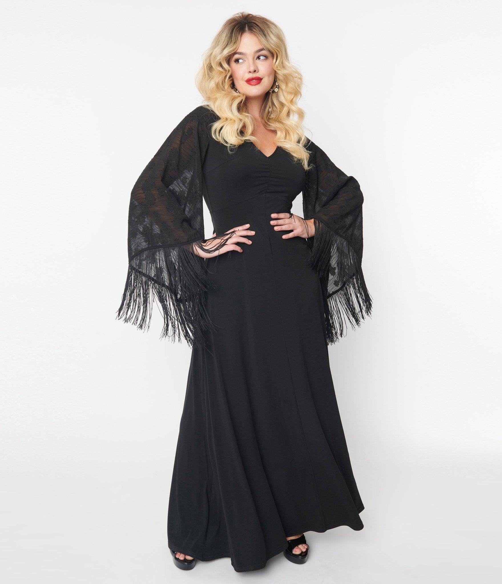Smak Parlour Black Floral Fringe Sleeve Maxi Dress - Unique Vintage - Womens, DRESSES, MAXI