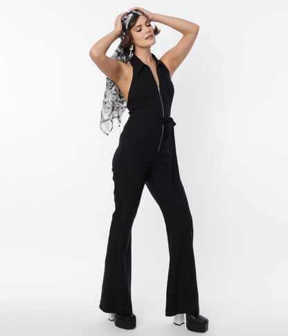 Smak Parlour Black Front Zipper Halter Jumpsuit - Unique Vintage - Womens, BOTTOMS, ROMPERS AND JUMPSUITS