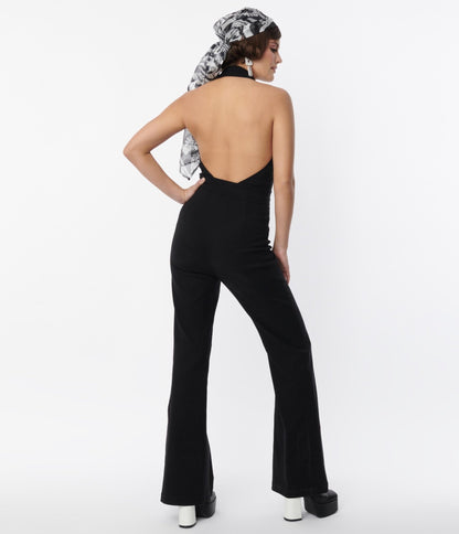 Smak Parlour Black Front Zipper Halter Jumpsuit - Unique Vintage - Womens, BOTTOMS, ROMPERS AND JUMPSUITS