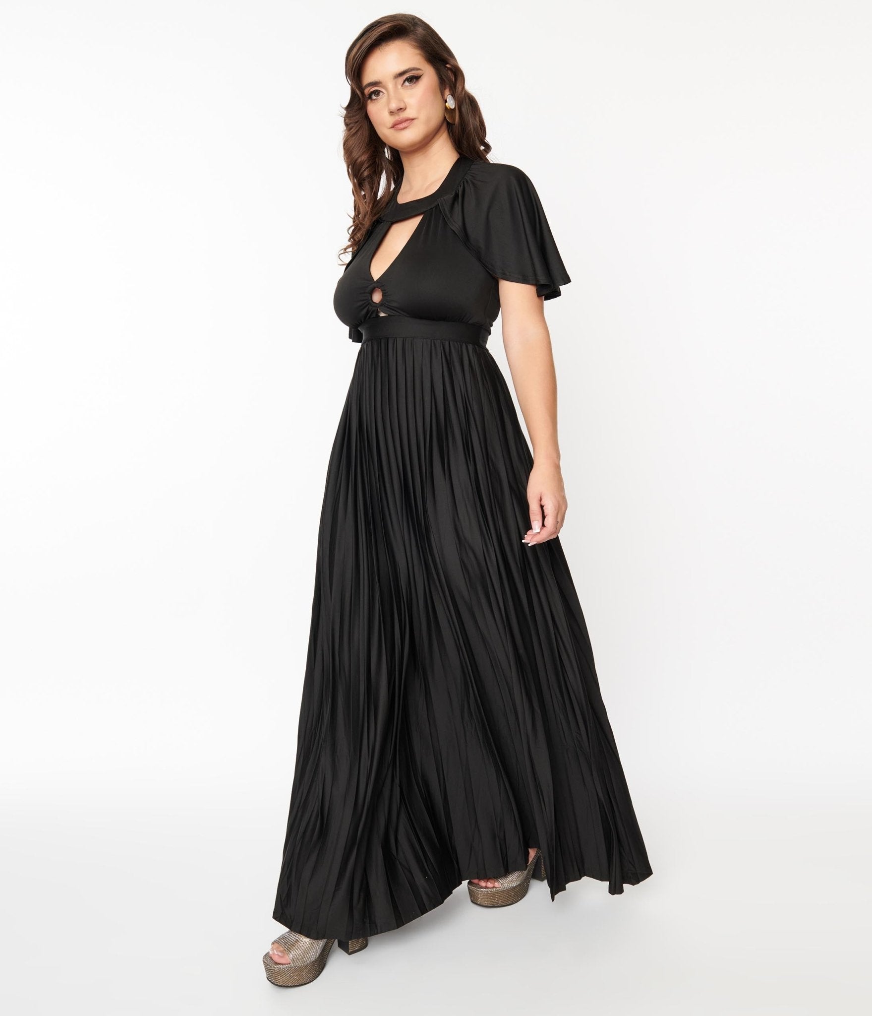 Smak Parlour Black Pleated Cape Maxi Dress - Unique Vintage - Womens, DRESSES, MAXI