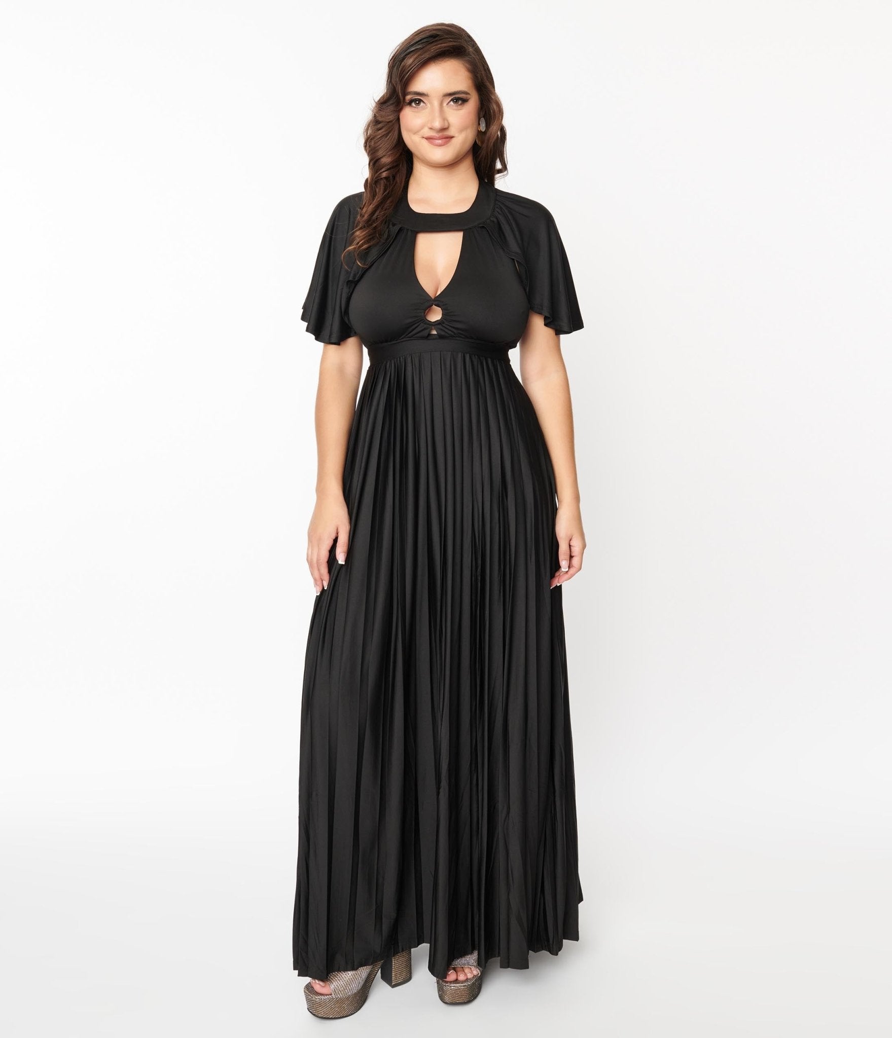 Smak Parlour Black Pleated Cape Maxi Dress - Unique Vintage - Womens, DRESSES, MAXI