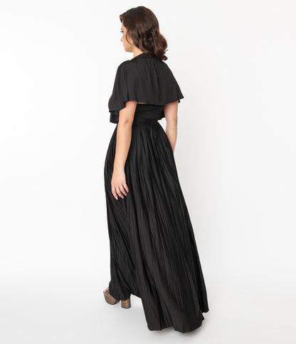 Smak Parlour Black Pleated Cape Maxi Dress - Unique Vintage - Womens, DRESSES, MAXI