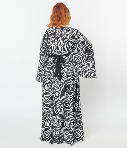 Smak Parlour Black Psychedelic Floral Belted Caftan - Unique Vintage - Womens, DRESSES, SWING