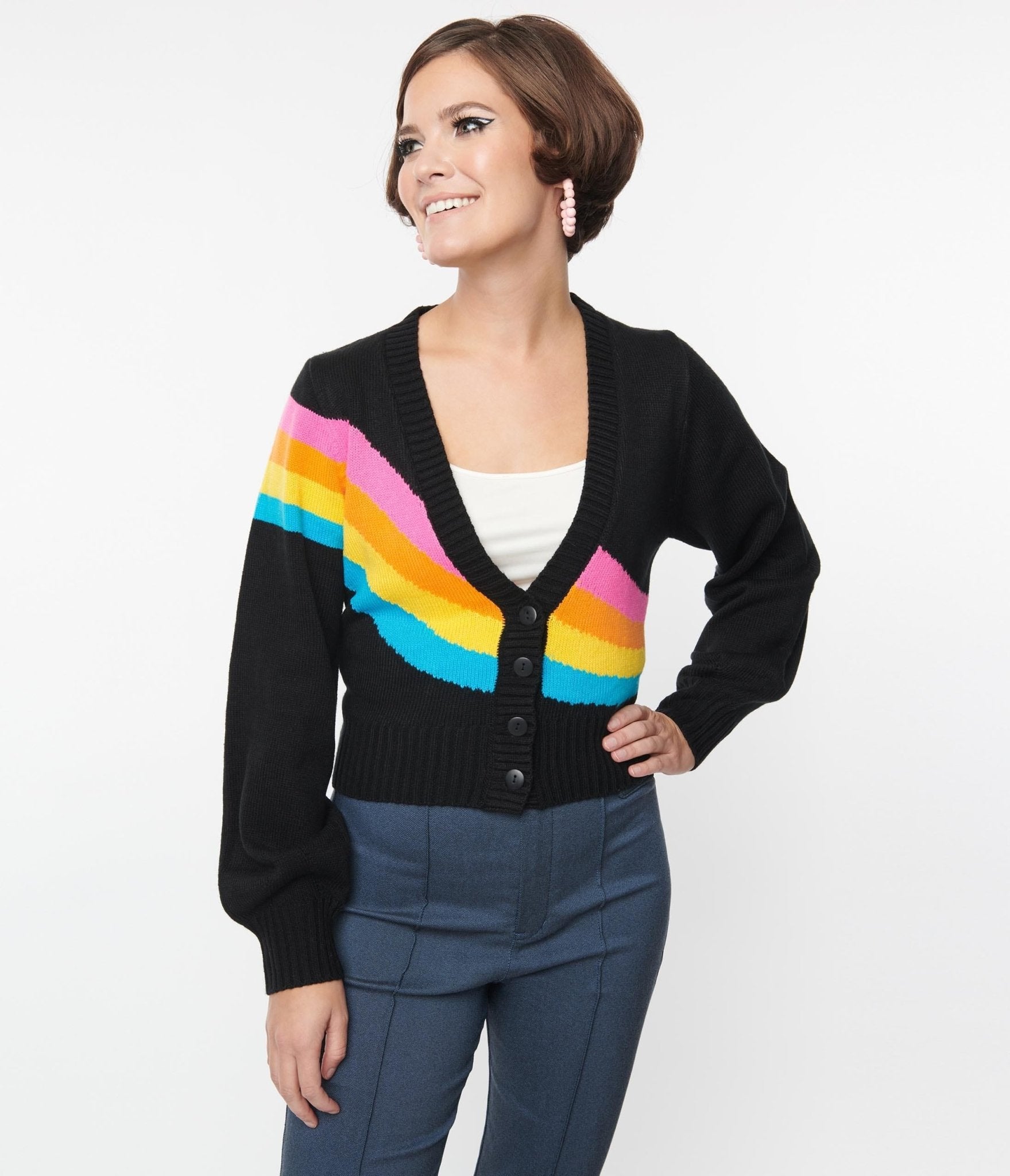 Smak Parlour Black & Rainbow Stripe Cardigan - Unique Vintage - Womens, TOPS, SWEATERS