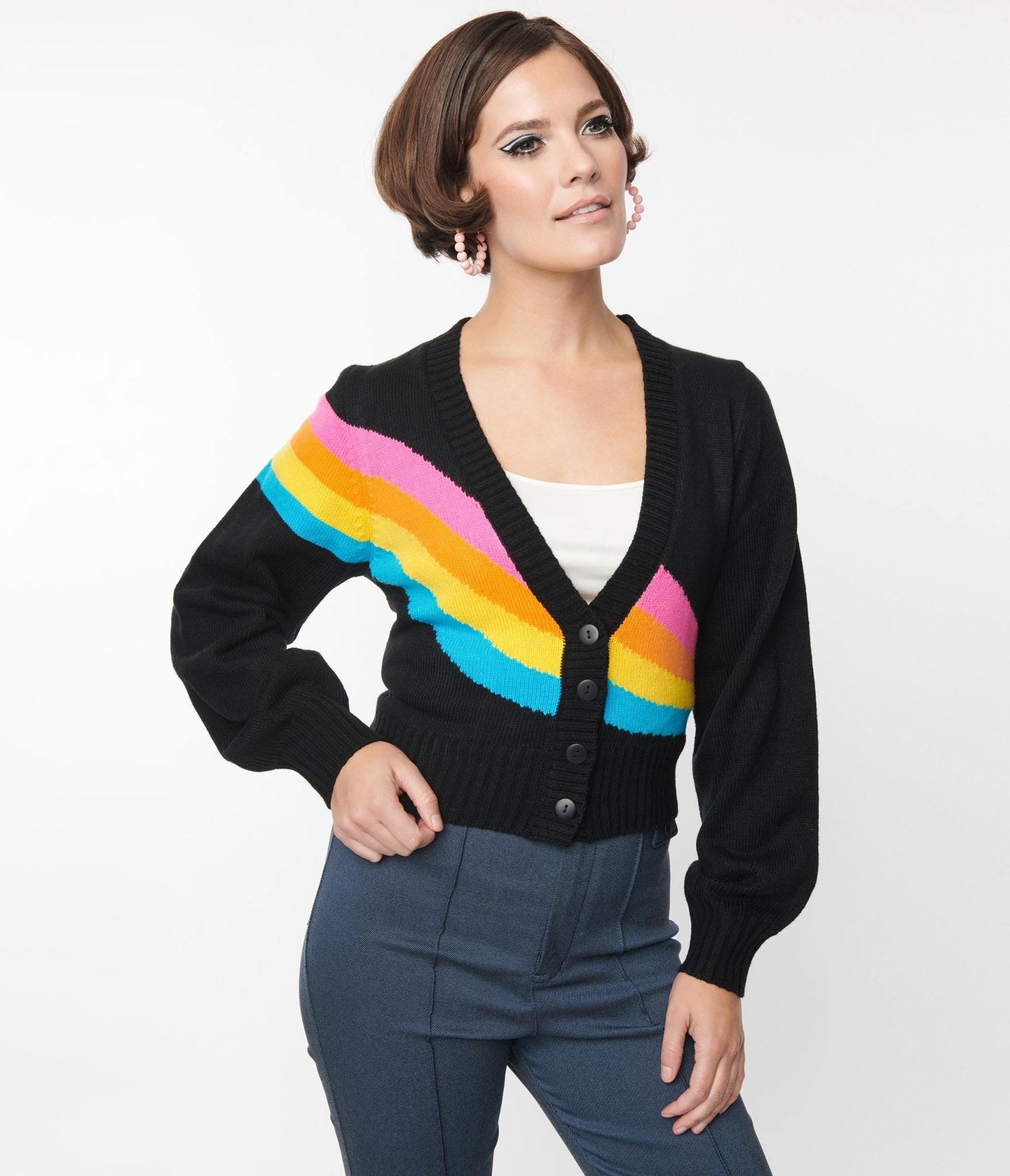 Smak Parlour Black & Rainbow Stripe Cardigan - Unique Vintage - Womens, TOPS, SWEATERS