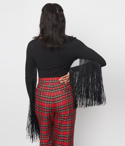 Smak Parlour Black Ribbed Knit Fringe Sleeved Bodysuit - Unique Vintage - Womens, TOPS, BODYSUITS