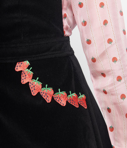 Smak Parlour Black & Strawberry Trim Pinafore Skirt - Unique Vintage - Womens, BOTTOMS, SKIRTS
