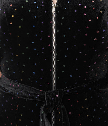 Smak Parlour Black Velvet & Rainbow Glitter Polka Dots Halter Jumpsuit - Unique Vintage - Womens, ROMPERS AND JUMPSUITS