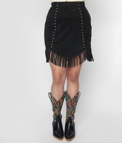 Smak Parlour Black Western Fringe Mini Skirt - Unique Vintage - Womens, BOTTOMS, SKIRTS