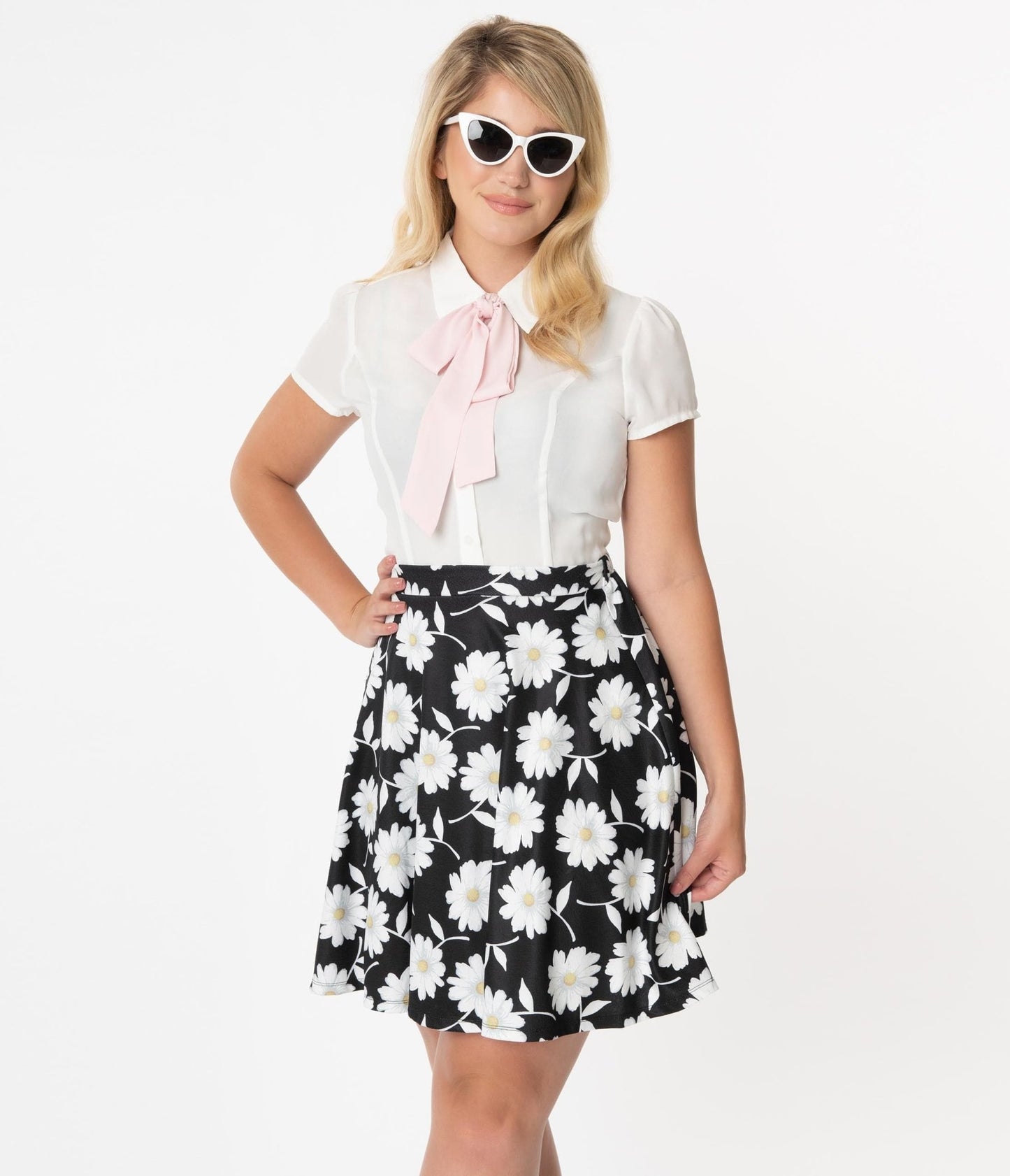 Smak Parlour Black & White Floral Daisy Sweet Talk Skirt - Unique Vintage - Womens, BOTTOMS, SKIRTS