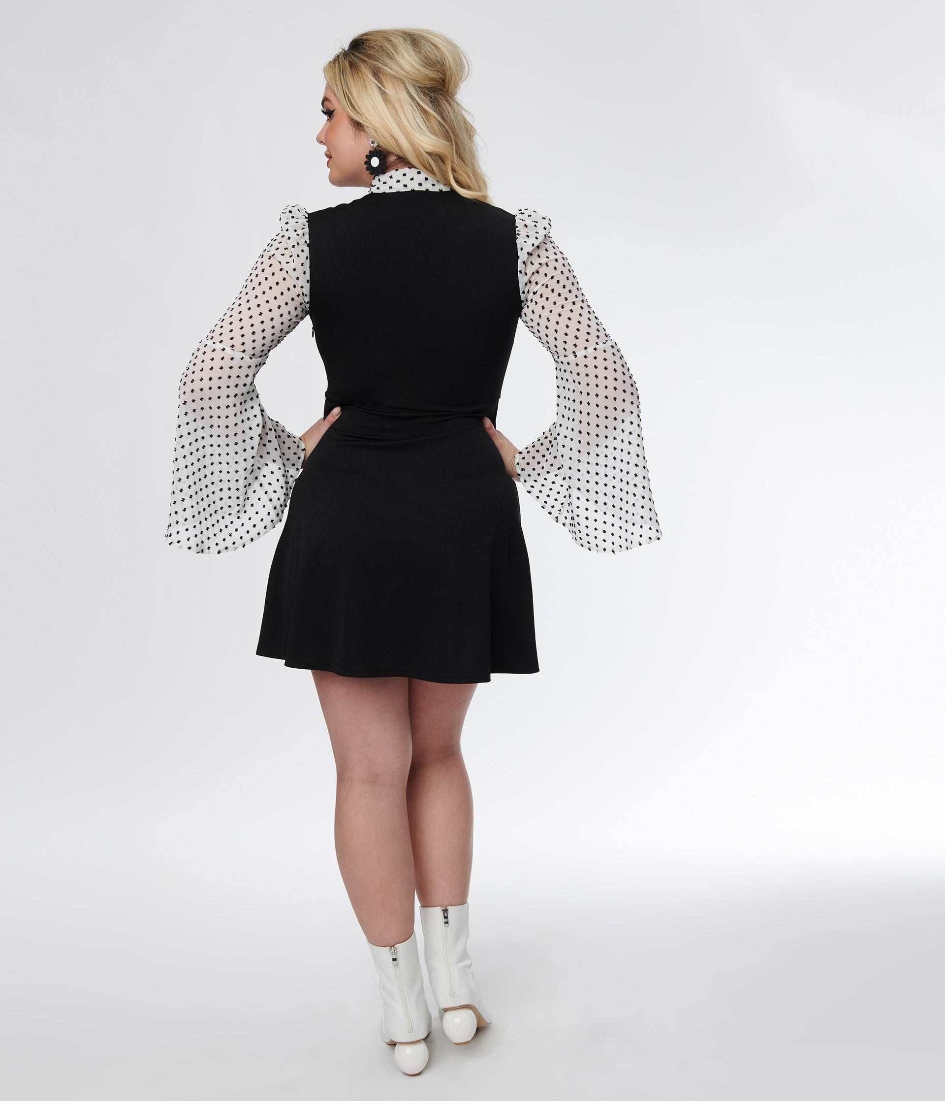 Smak Parlour Black & White Polka Dot Bell Sleeve Flare Dress - Unique Vintage - Womens, DRESSES, FIT AND FLARE