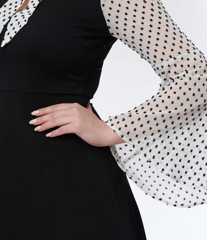 Smak Parlour Black & White Polka Dot Bell Sleeve Flare Dress - Unique Vintage - Womens, DRESSES, FIT AND FLARE