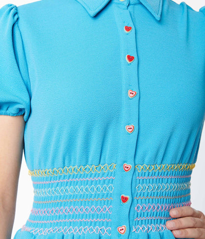 Smak Parlour Blue & Rainbow Smocked Babydoll Blouse - Unique Vintage - Womens, TOPS, KNIT TOPS