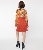 Smak Parlour Brick Red & Orange Paisley Ruffle Neck Empire A-Line Dress - Unique Vintage - Womens, DRESSES, A-LINE